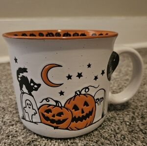 Spooky Halloween Pumpkin Black Cat Mug Handpainted 20 oz HUGE